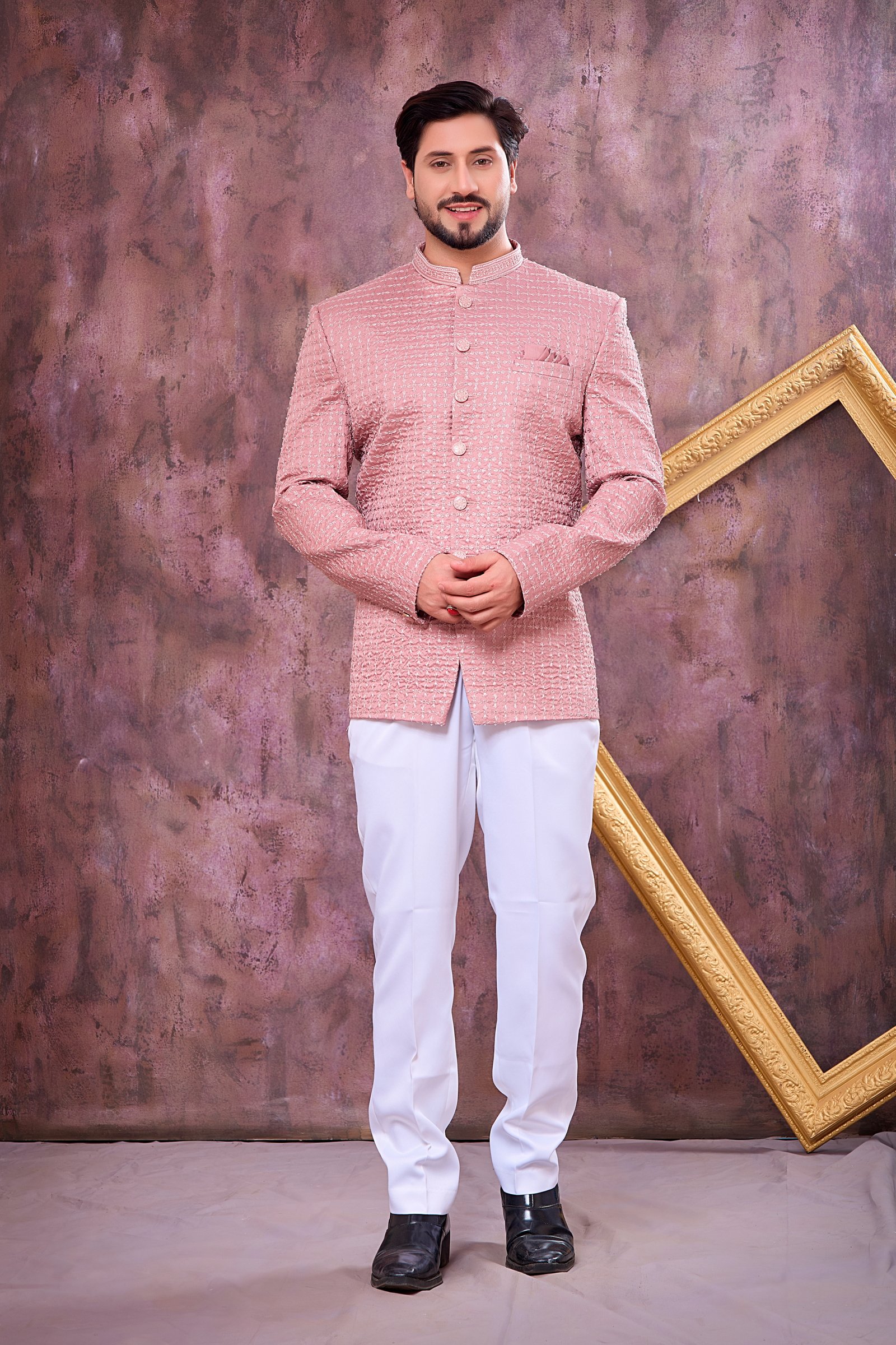 Blush Pink Textured Jodhpuri Bandhgala Set