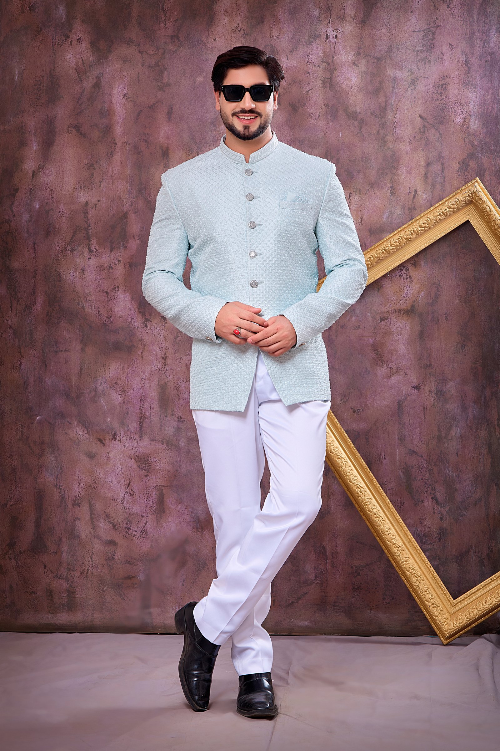 Powder Blue Textured Jodhpuri Bandhgala Set