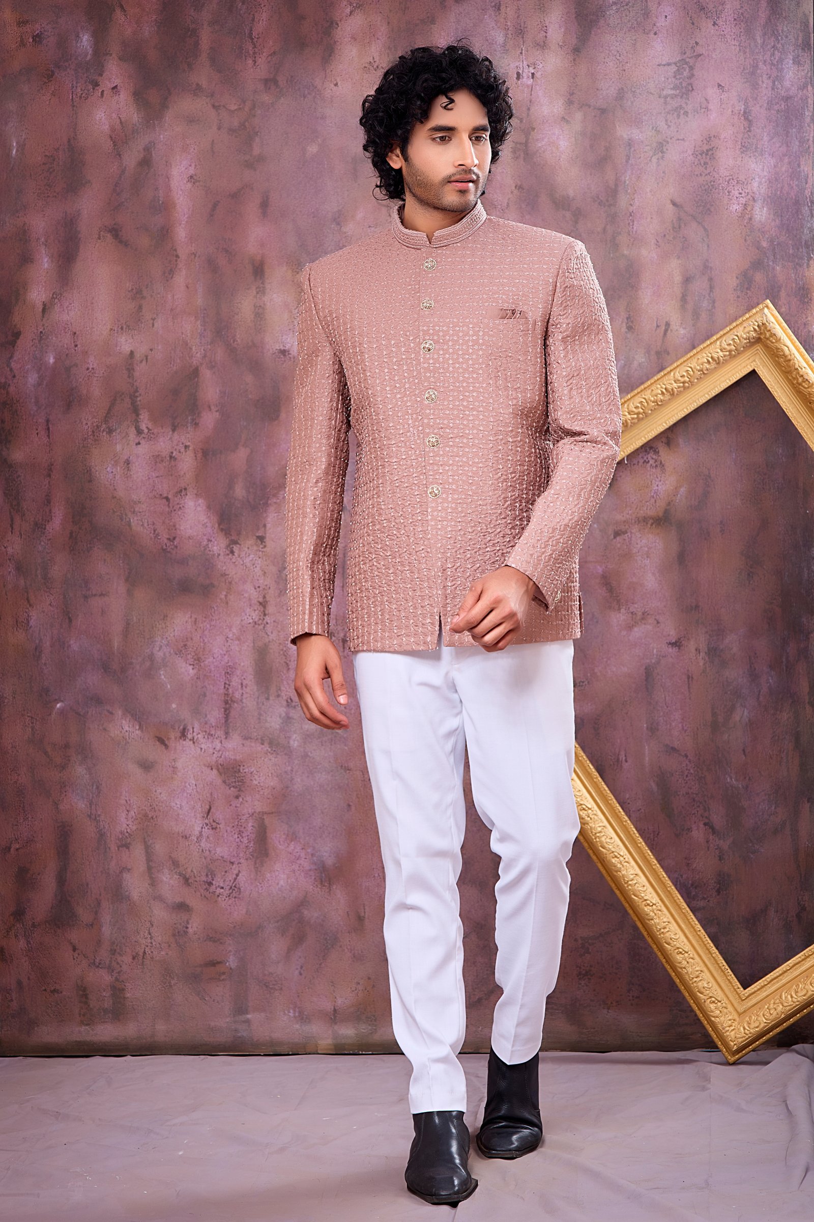 Dusty Rose Textured Jodhpuri Bandhgala Suit
