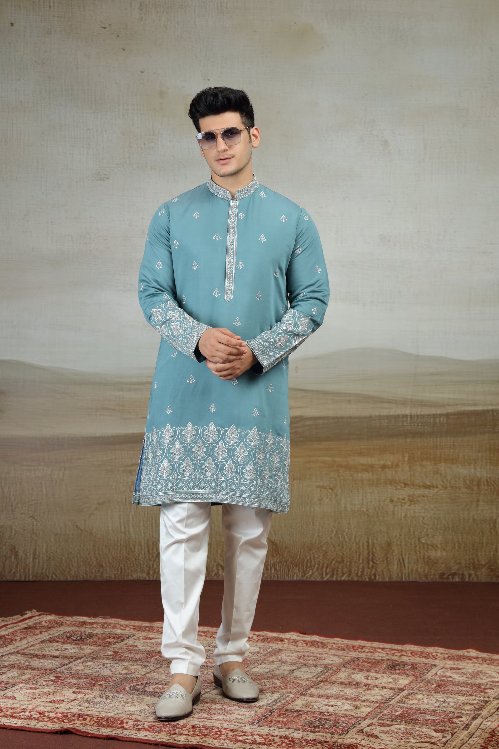 Gray Blue Embroidered Designer Kurta Set