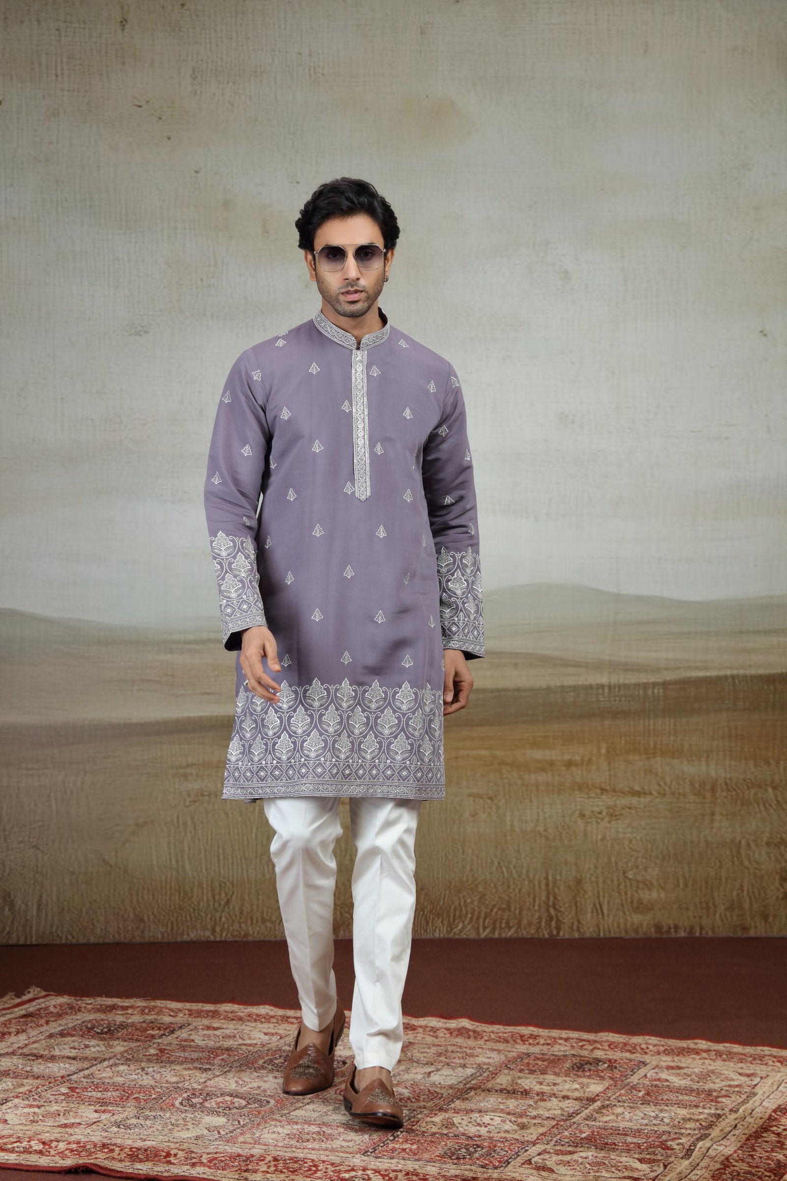 Purple Embroidered Cotton-Silk Kurta Set
