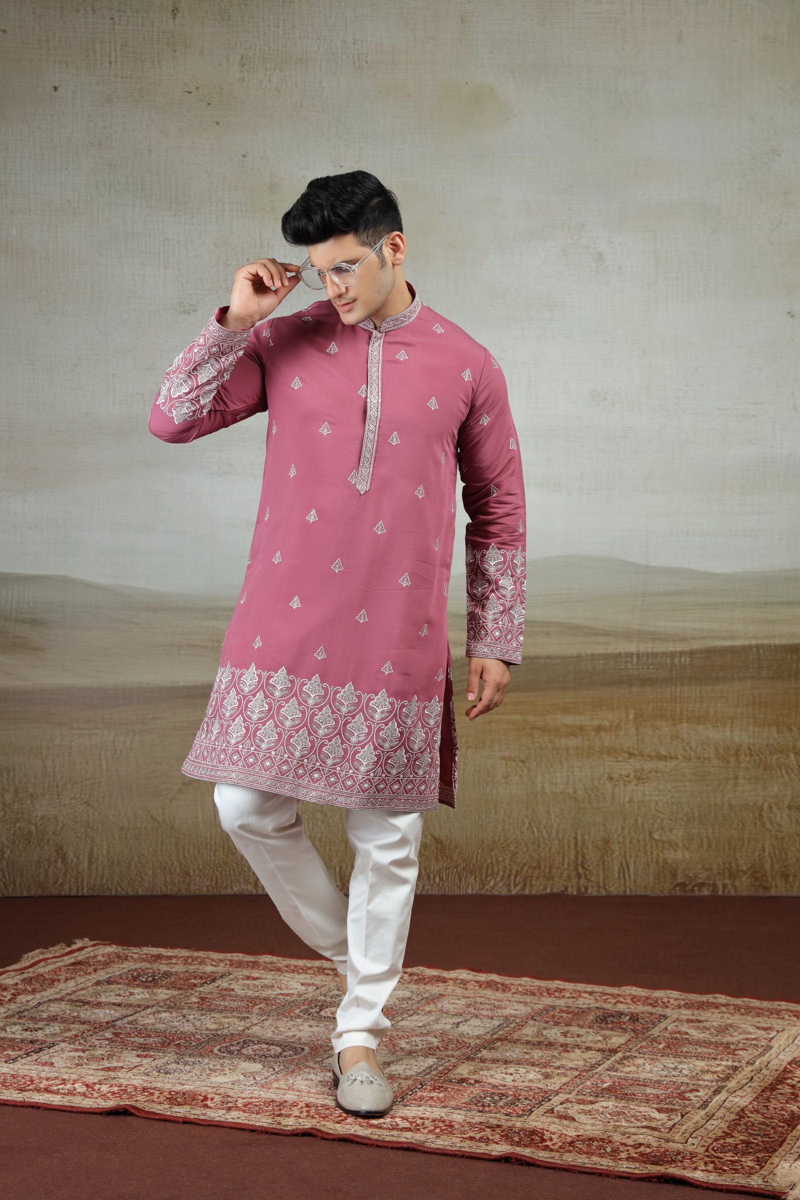 Dusty Rose Embroidered Silk Kurta Set
