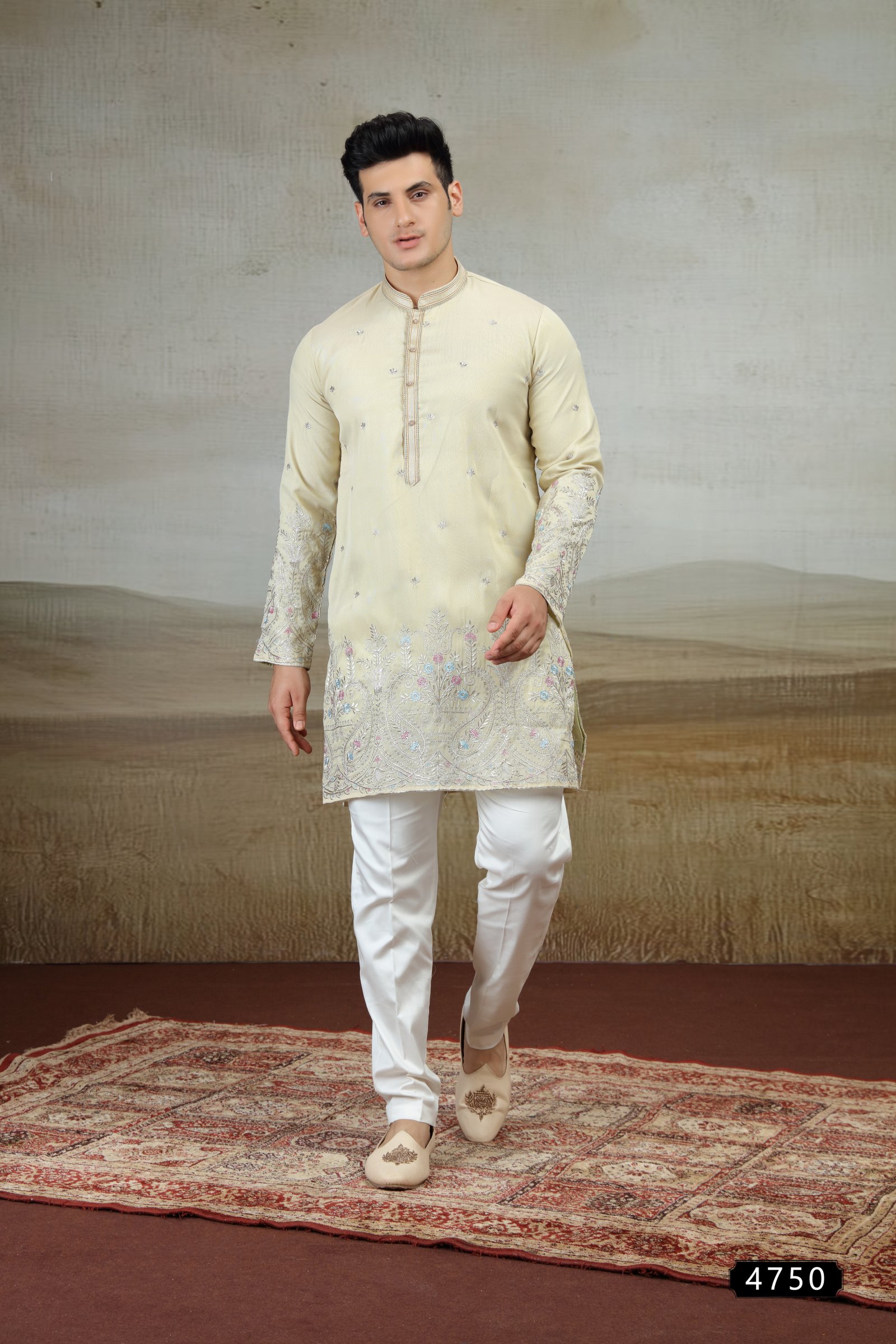 Beige Resham-Embroidered Designer Kurta Set