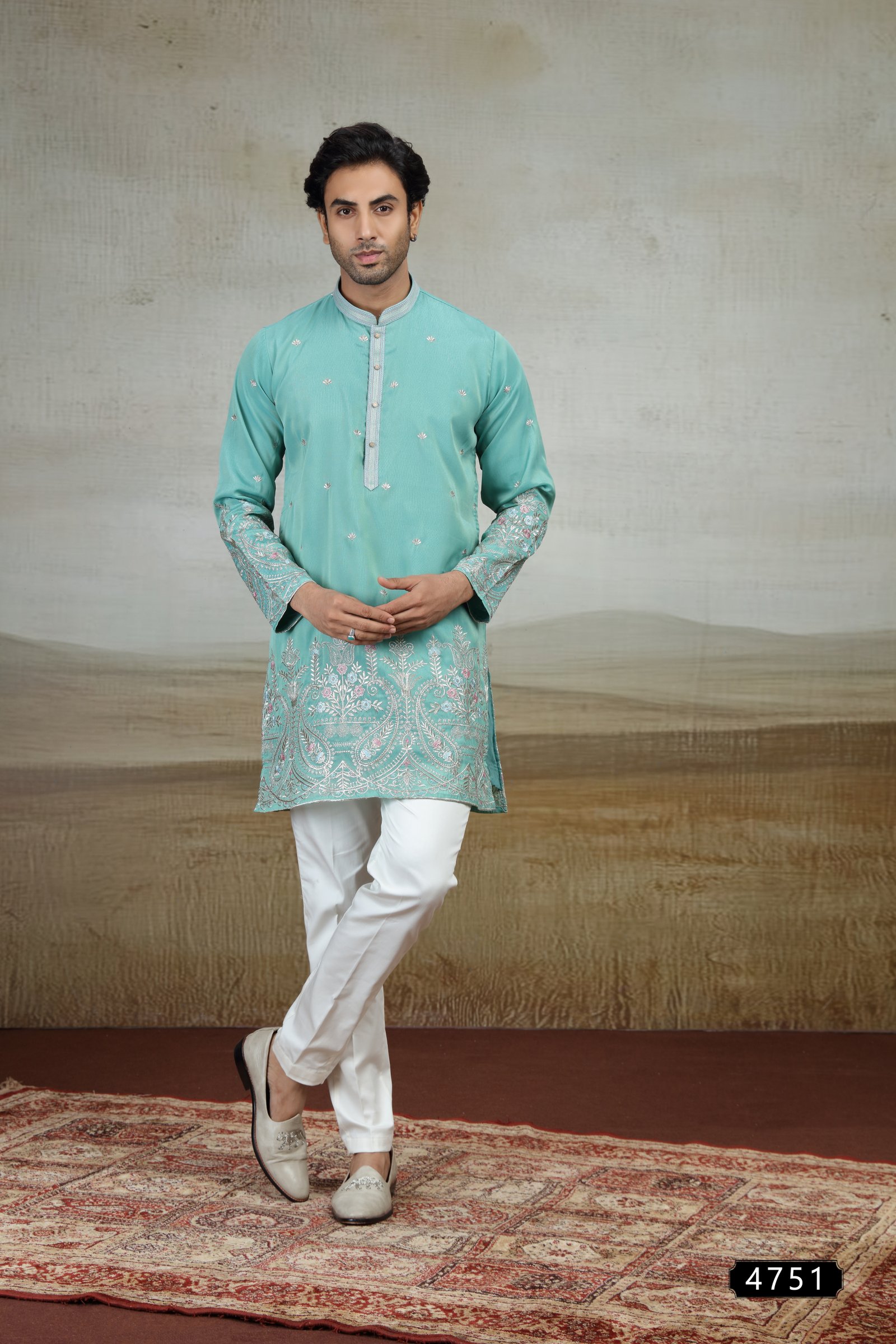 Mint Green Embroidered Silk Kurta Set