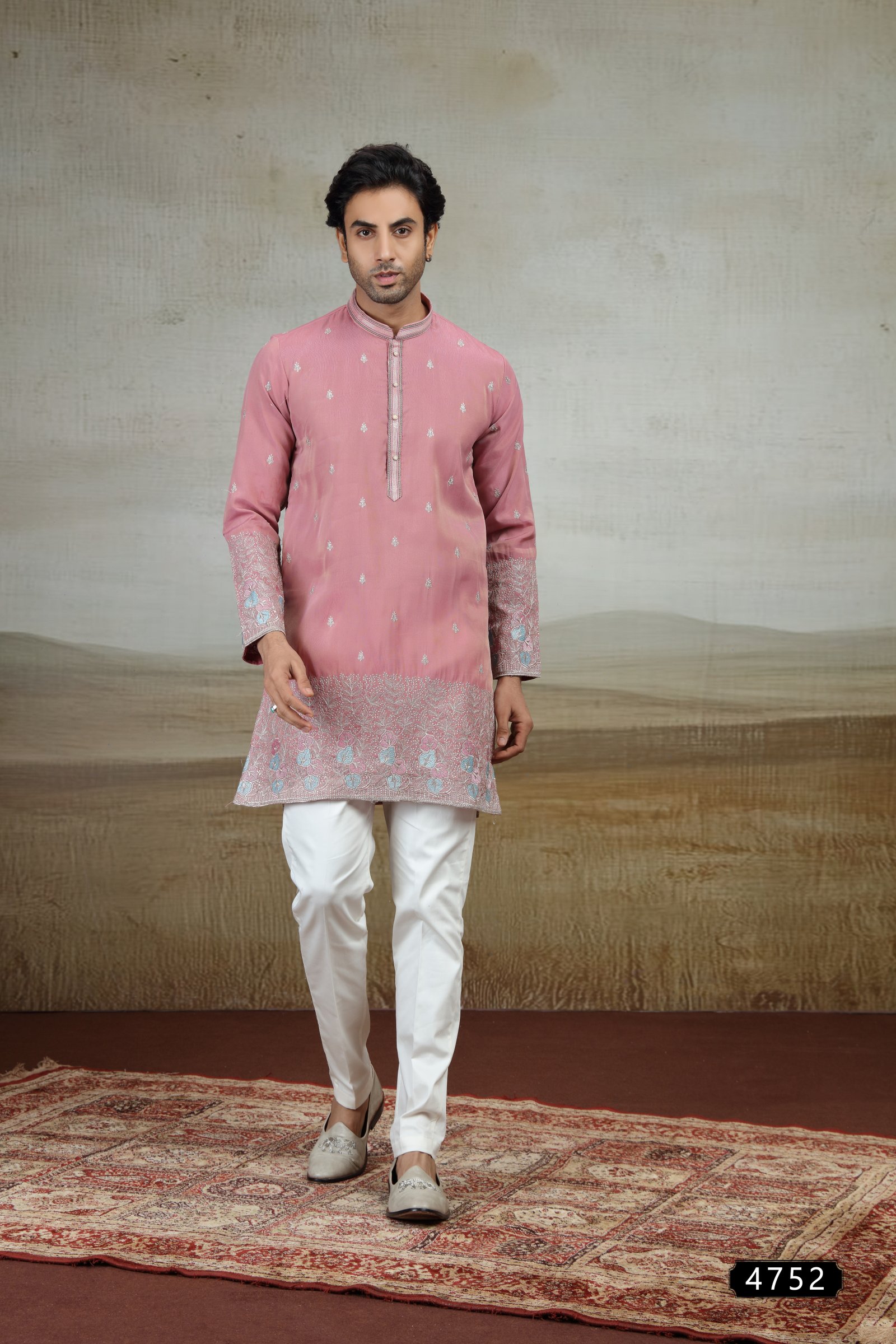 Dusty Rose Embroidered Silk Kurta Set with Intricate Floral Motifs