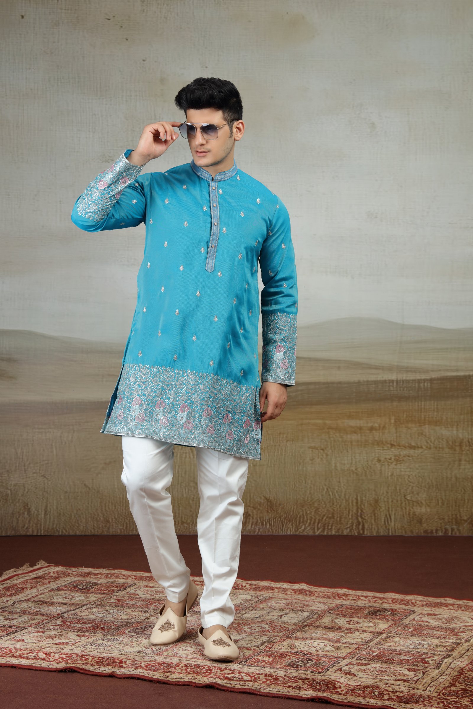 Azure Blue Silk Embroidered Designer Kurta Set