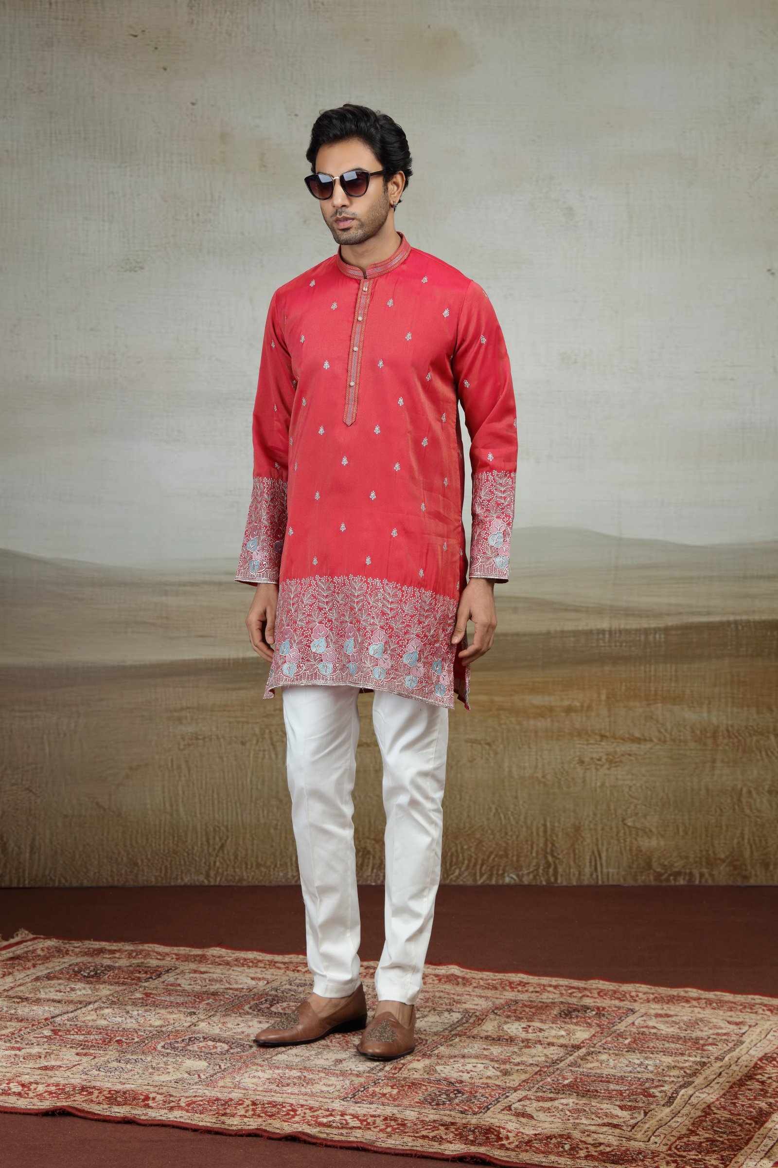 Dark Shiny Pink Art Silk Hand-Embroidered Designer Kurta Set